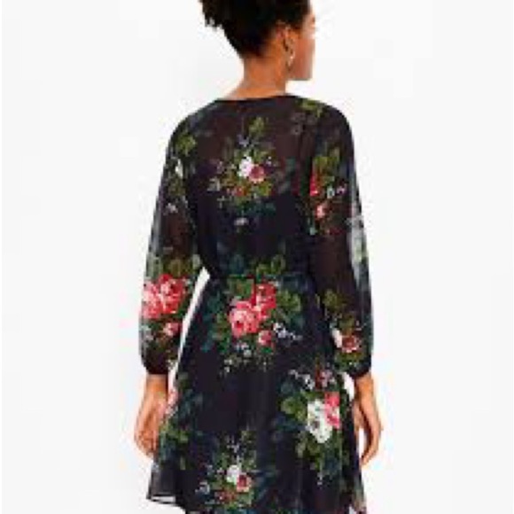 LOFT black Floral Long Sleeve Tie Waist Dress Sz L - Picture 2 of 14